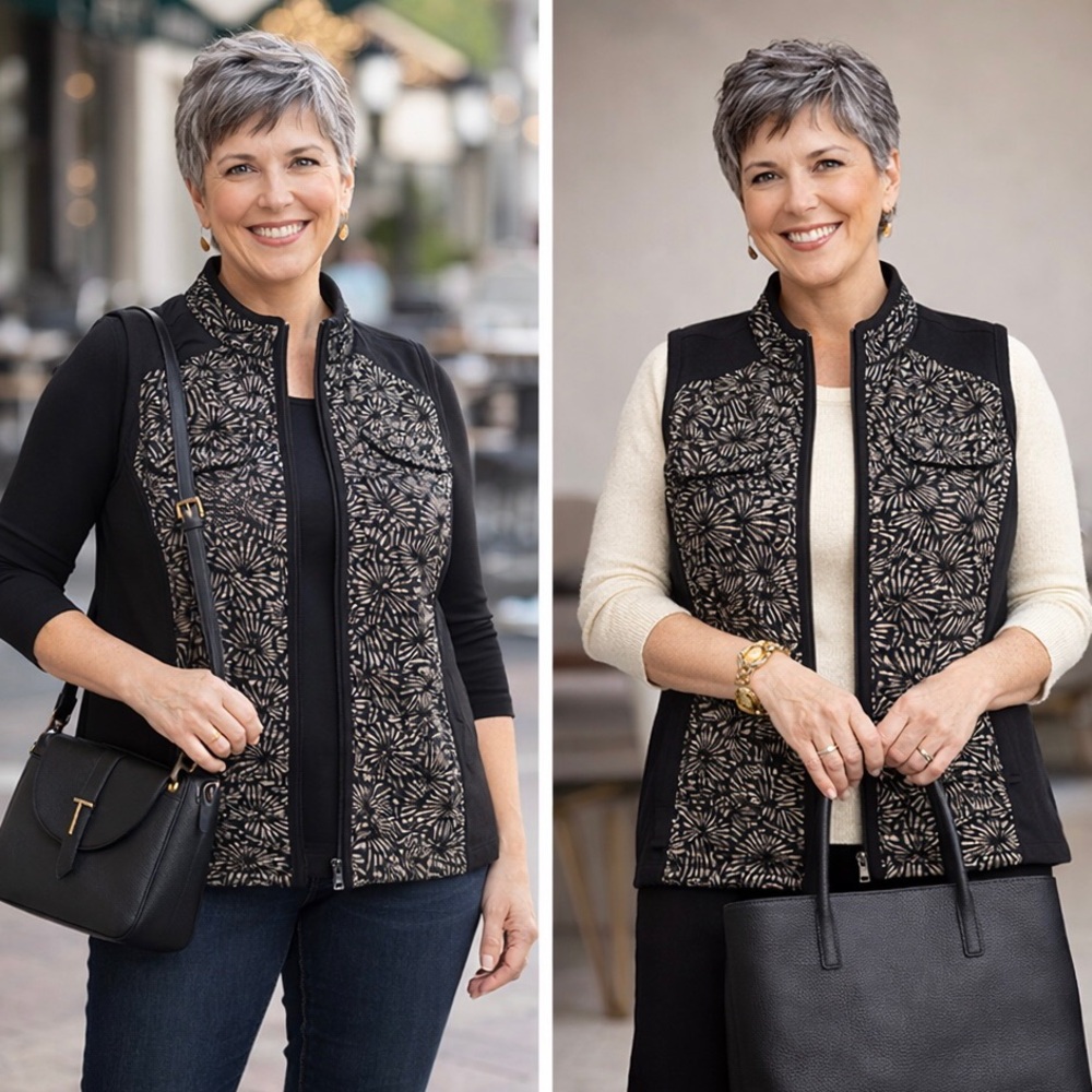 CJ Banks 1X Black & Beige Abstract Zip Front Stretch Vest Career Casual NWT
